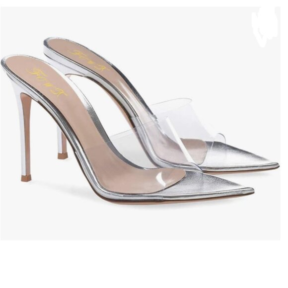 FOWT Silver Clear Mule Pointed Open Toe Slippers with Sexy High Heel Sandals - Picture 1 of 8